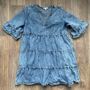 Baevely Chambray Denim Babydoll Dress Medium Tiered Boho Cottagecore V Neck